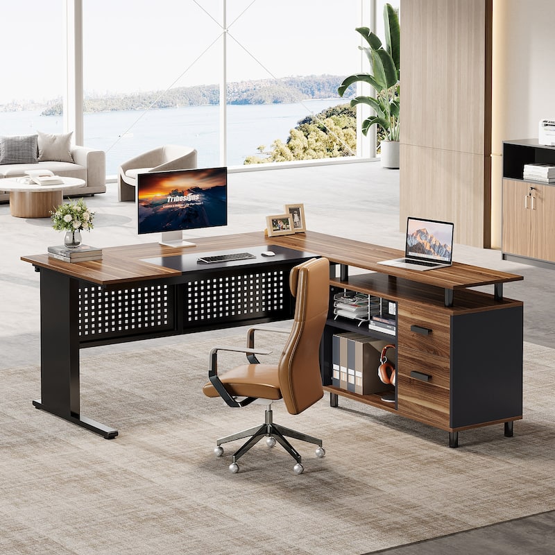 63-Inch L-Shaped Executive Desk with Storage Shelves