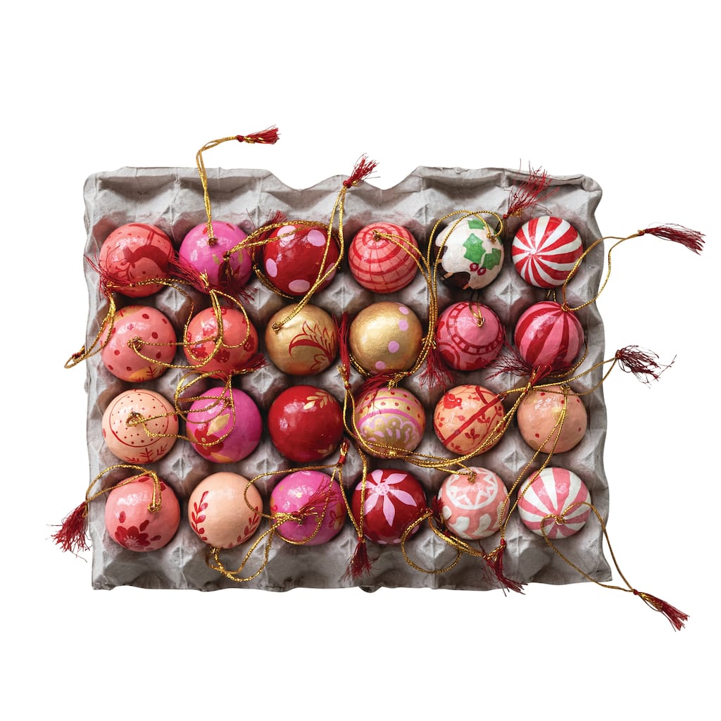 24-Piece Hand-Painted Paper Mache Ball Ornaments with Tassel in Egg Crate - 1.5"L x 1.5"W x 1.5"H