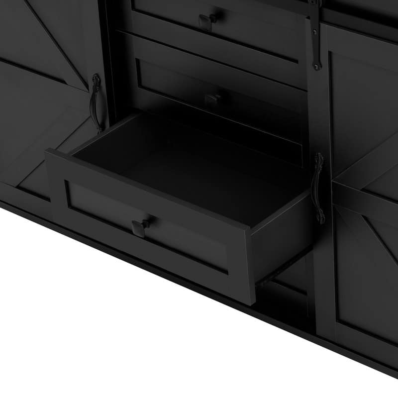 Farmhouse 55.1" Sideboard with Sliding Barn Doors and Storage Drawers, Wood Buffet Table with Power Outlet