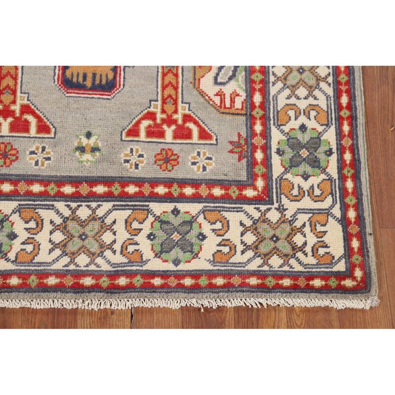 Traditional Grey Kazak Foyer Rug Hand-Knotted Wool Carpet - 3'2" x 4'11"