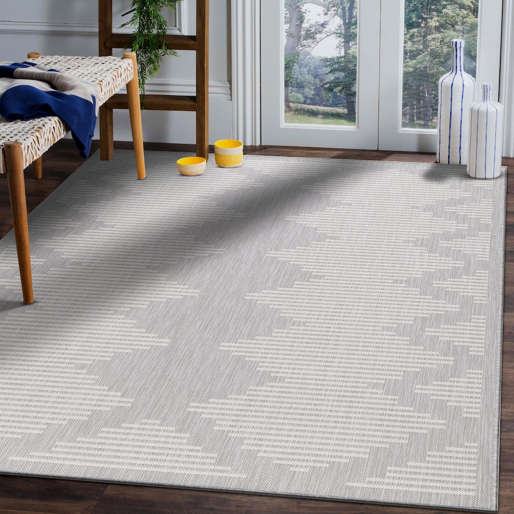 Beverly Rug Grey Geometric Indoor Outdoor Rug, Outside Carpet for Patio, Deck, Porch