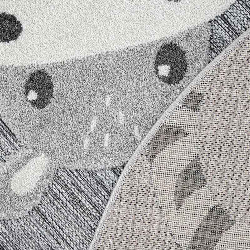 Animal Kids Rug Round with Penguin Koala Bear Tiger and Hippo in Grey