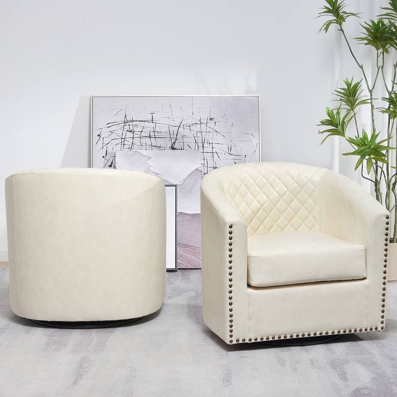 KINWELL 29" Wide Tufted PU Leather Swivel Barrel Chair (Set of 2)