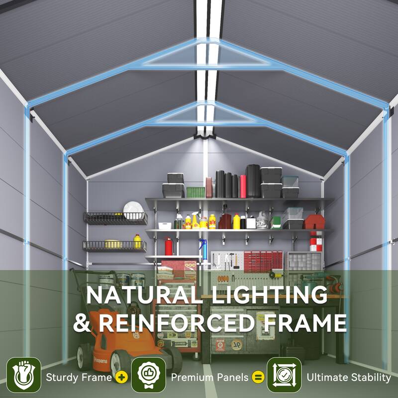 EROMMY Outdoor Storage Shed with Built-In Floor, Lockable Double Doors & Sloped Roof, Gray/Black