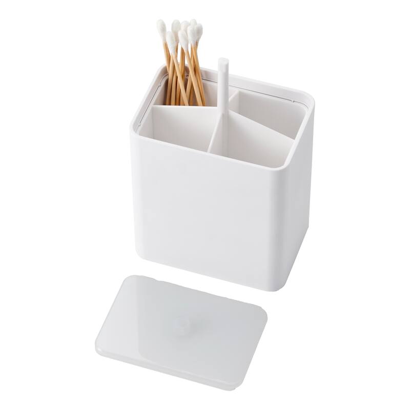 Yamazaki Home Cotton Swab Push-Top Case, ABS Plastic, 200 cotton swabs, Lid - L 2.6 x W 3.78 x H 4.25 inches - White