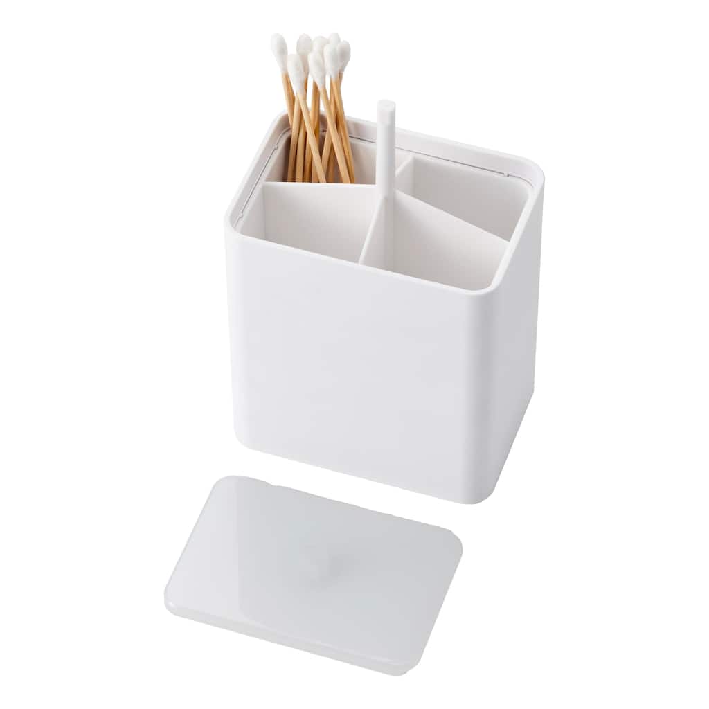 Yamazaki Home Cotton Swab Push-Top Case, ABS Plastic, 200 cotton swabs, Lid - L 2.6 x W 3.78 x H 4.25 inches