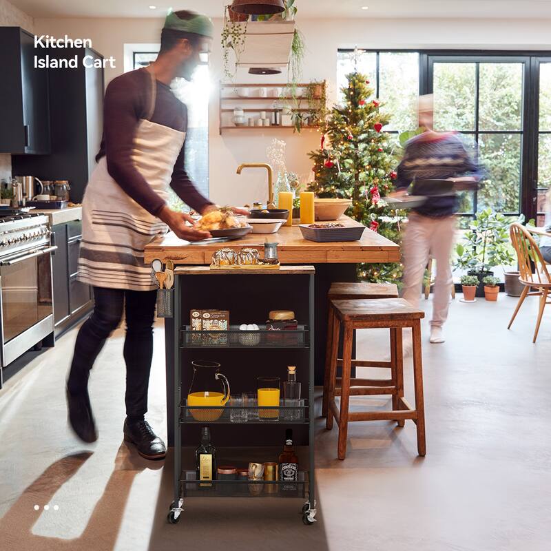 Moasis Wood Rolling Kitchen Cart with Wooden Tabletop and Mesh Baskets