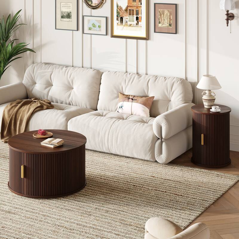 Farmhouse TV Stand & Coffee Table Set with Fluted Sliding Door & Golden Handles, for TVs up to 75"