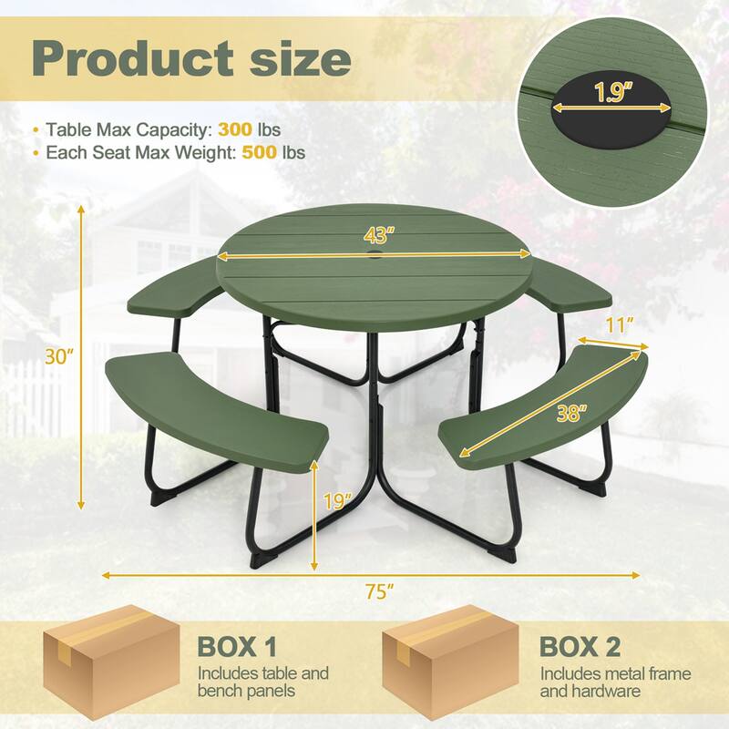Outdoor Round Picnic Table Bench Set with 4 Benches & Umbrella Hole
