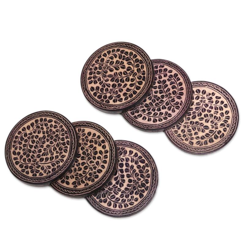 NOVICA Artisan Handblown Wood Batik Coasters Indonesian Cream Black Ivory Tableware Barware 'Paddy Harvest'(Set Of 6)