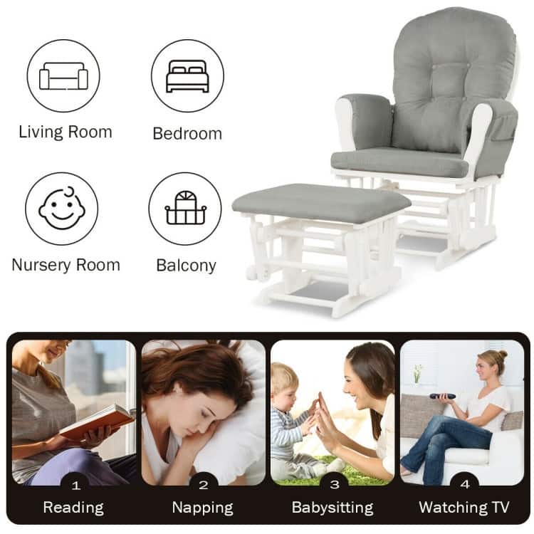 Solid Wood Gliding Chair Set with Storage Pockets and Ottoman for Relaxing - 29.5" x 28.5" x 39.5" (L x W x H)