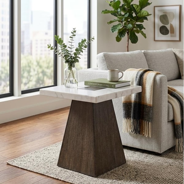 slide 2 of 5, Furniture of America Evangeline Modern Dark Walnut Genuine Marble Top End Table with Casters Dark Walnut
