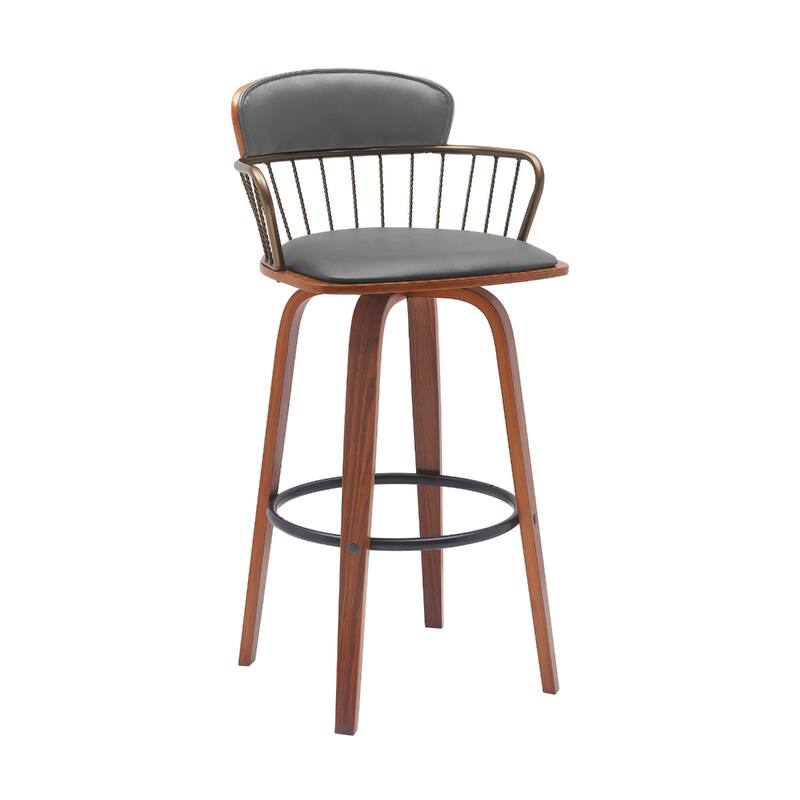 Faux Leather Counter Height Bar Chair with Arms, Swivel and Footrest - Gray And Wood Brown 30"