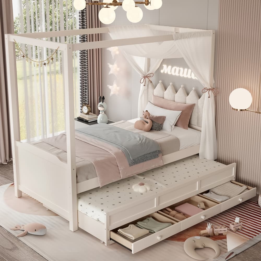 Full/Twin Platform Bed with Upholstered Headboard, Trundle & 3 Drawers, Princess Canopy Bed