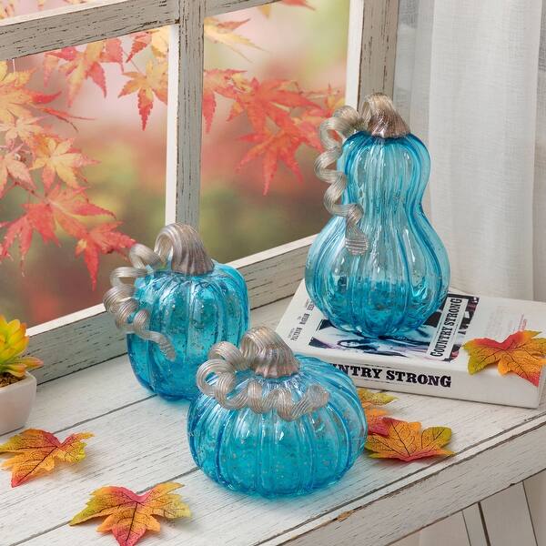 slide 2 of 15, Glitzhome Thanksgiving Handblown Glass Pumpkins Set Fall Harvest Table Centerpieces Set of 3-Blue