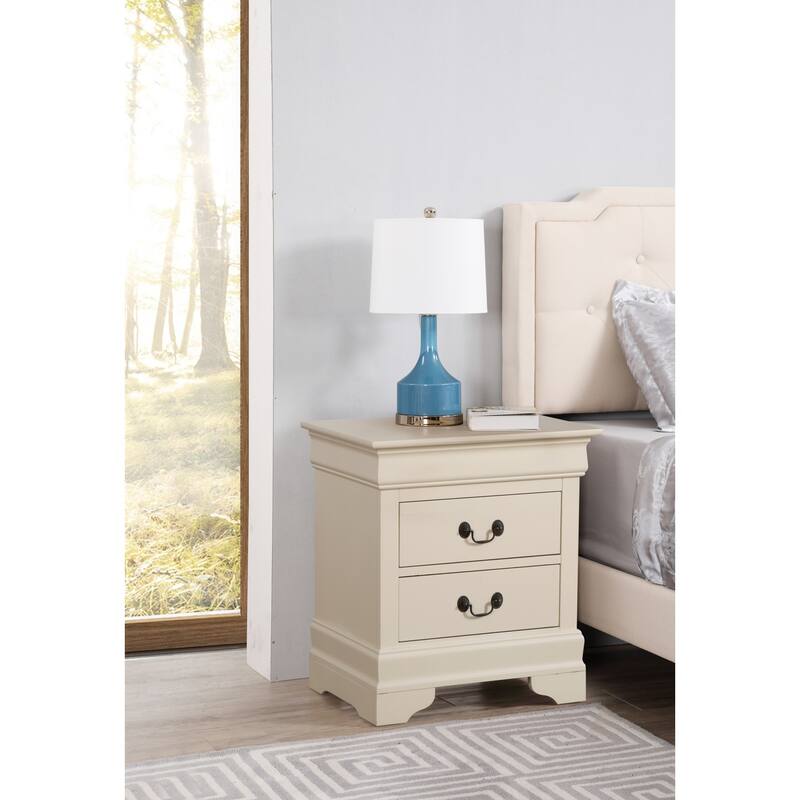 2 Drawer Beige Nightstand, 24 Inch Classic Bedside Table with Real Wood Veneers and Traditional Style