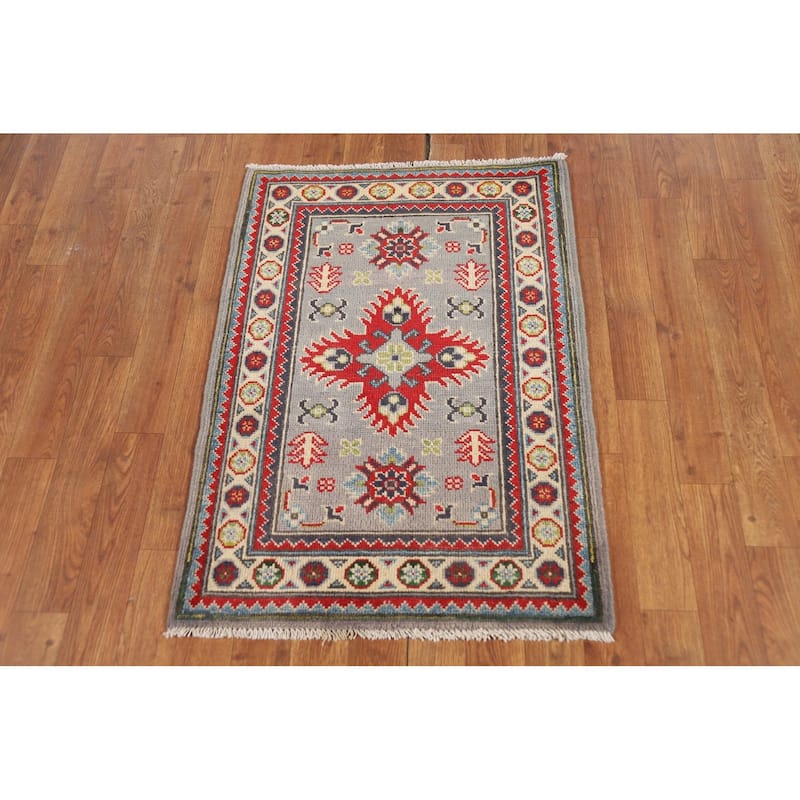 Geometric Kazak Oriental Accent Rug Grey Hand-Knotted Wool Carpet - 2'0" x 3'0"