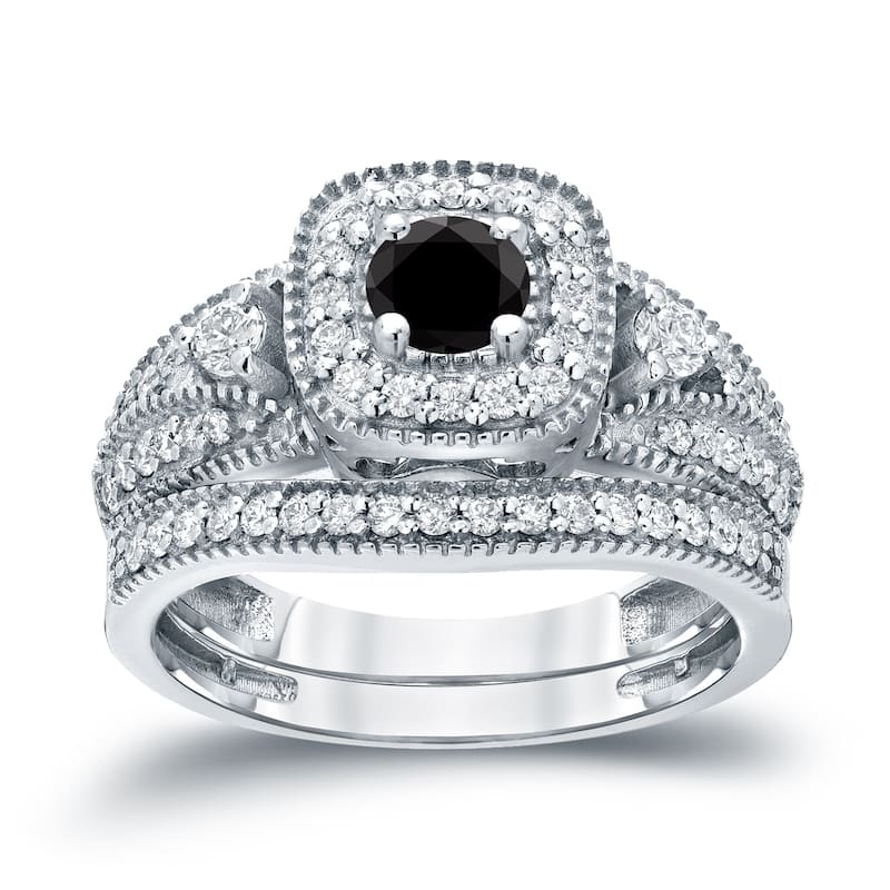 Auriya Vintage Milgrain 3/4ctw Round Halo Black Diamond Engagement Ring Set 14k Gold - 4 - White