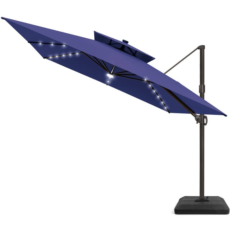 11 FT Square Outdoor Patio Cantilever Umbrella with Solar Lights 4-Piece Premium Base Double Canopy 360 Rotation Tilt