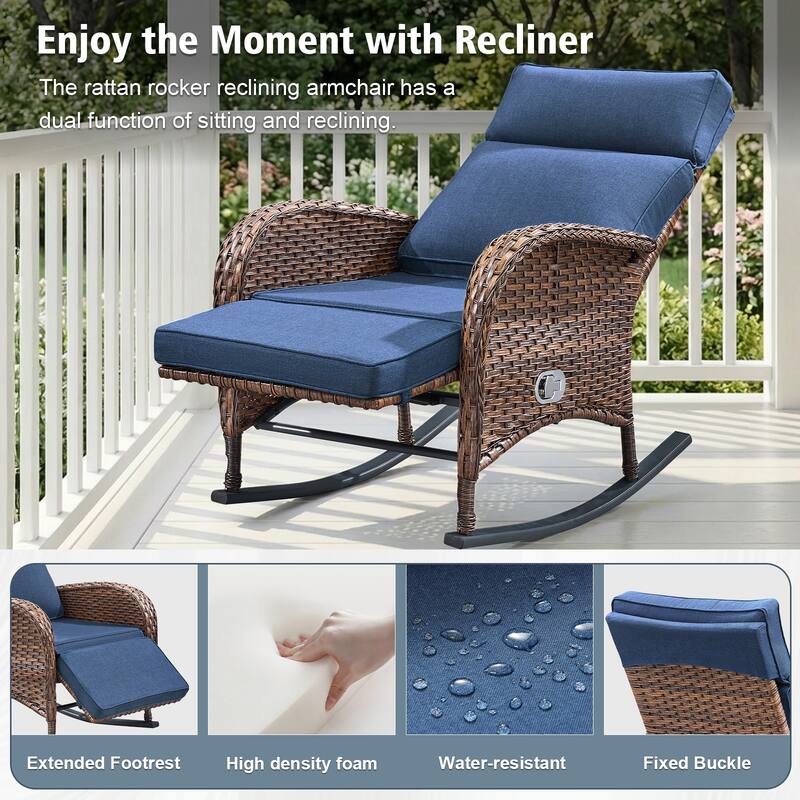 Pocassy Patio Wicker Recliner Rocker Chair with Adjustable Backrest