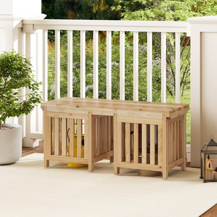 Natural Fir Wood Outdoor Bench with Planters 2-in-1 Patio Seating - 68" x 16" x 19"