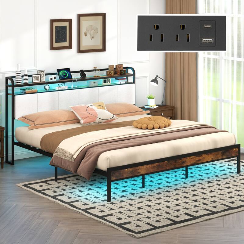 Bed Frame with LED Lights Charging Ports and Storage Headboard