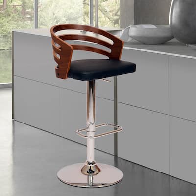 Adele Walnut Wood and Black Upholstered Swivel Bar or Counter Height Adjustable Bar Stool
