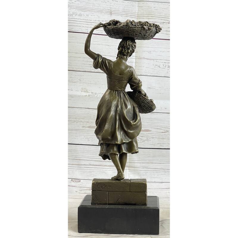 Farmer Girl Carrying Basket Of Fruits Bronze Statue Sculpture 15.5 Inches X 6 Inches