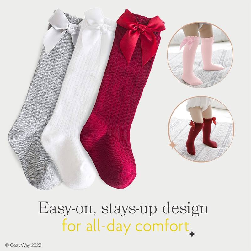CozyWay Toddler Knee High, Bow style, Black/White/Gray/Pink/Red - 5 pair
