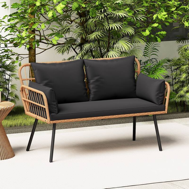 Gymax Patio Wicker Loveseat Furniture w/Seat Back Cushions Heavy-Duty