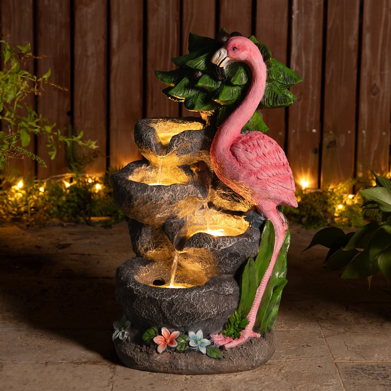 Glitzhome 23.5"H 4-Tiered Flamingo Polyresin Stone Outdoor Fountain with Lights
