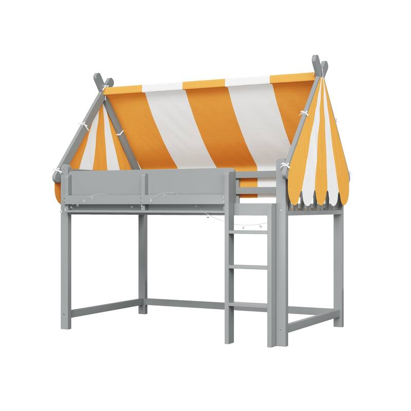 Loft Bed with Bright Yellow White Canopy, House-shaped Bed Frame Design with LED String Lights and Front Display Bookshelf