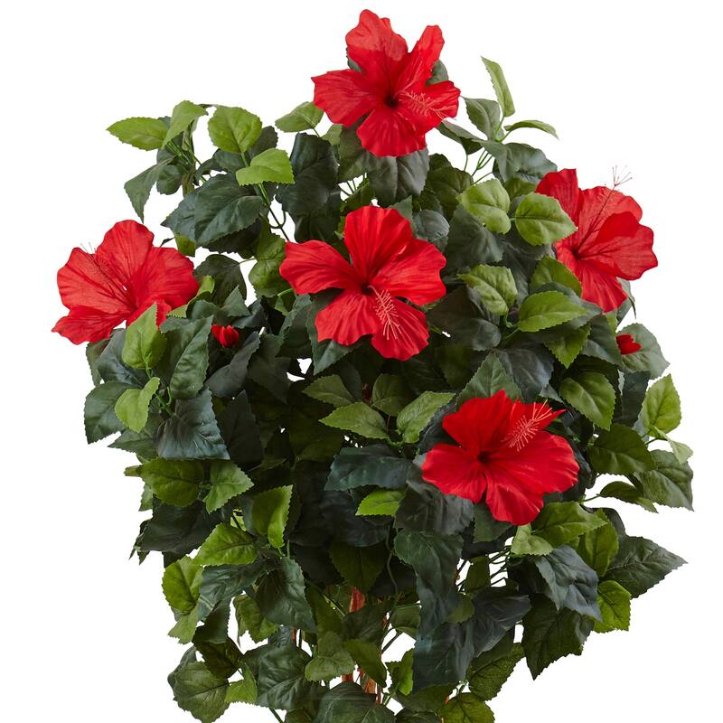 Artificial Hibiscus Tree 5ft, Red Bloom Topiary with Wooden Planter, Indoor Decor - Green - 41-50 Inches