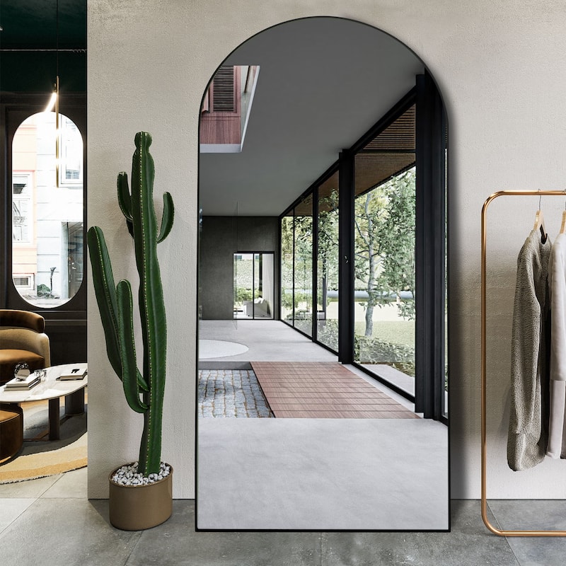 Arched Floor Mirror With Stand,Wood Frame Full Length Mirror,Wall-Mounted Mirror
