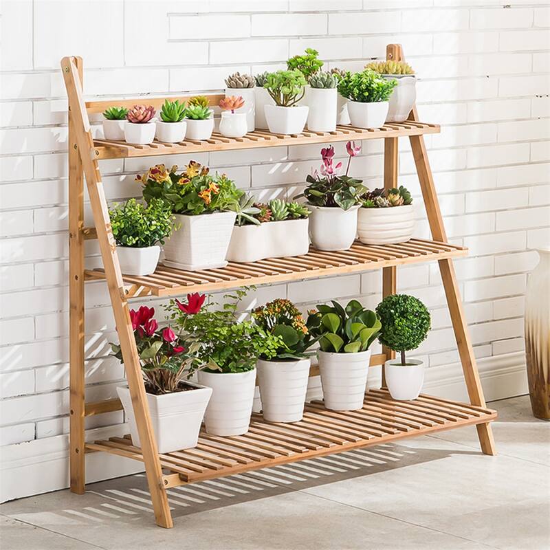 Bamboo Wooden 3-Tier Ladder Plant Stand Foldable