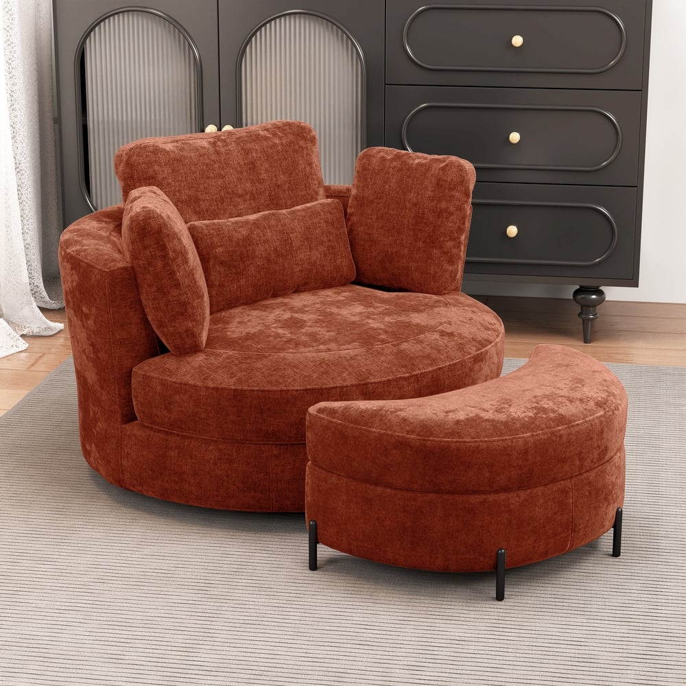 Modern 50.2"W Oversized Swivel Accent Chair, Chenille Barrel Chair With Storage Ottoman