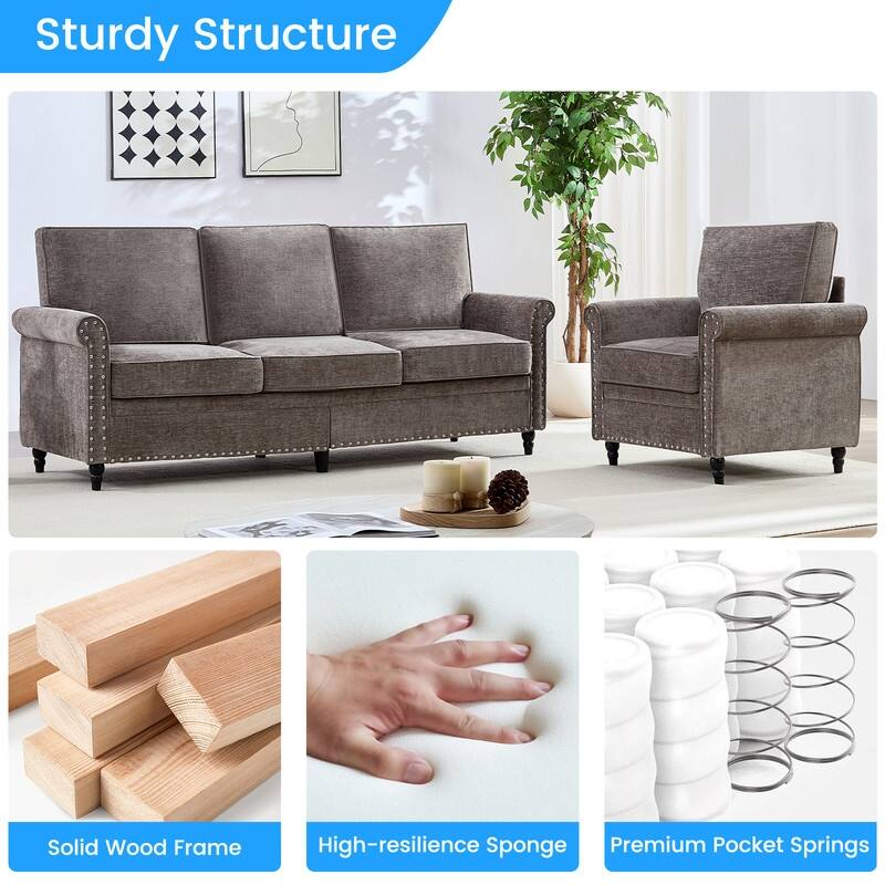 Mixoy Chenille Fabric 3-Seater Sofa Couch with Single Sofa Chair with Rivet Design,Solid Wood Gourd Legs for Living Room - 3+1