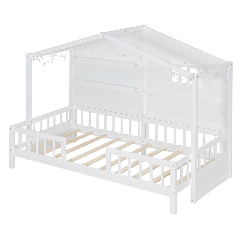 Twin Kids House Bed with Shelves Window & Sparkling Light Strip