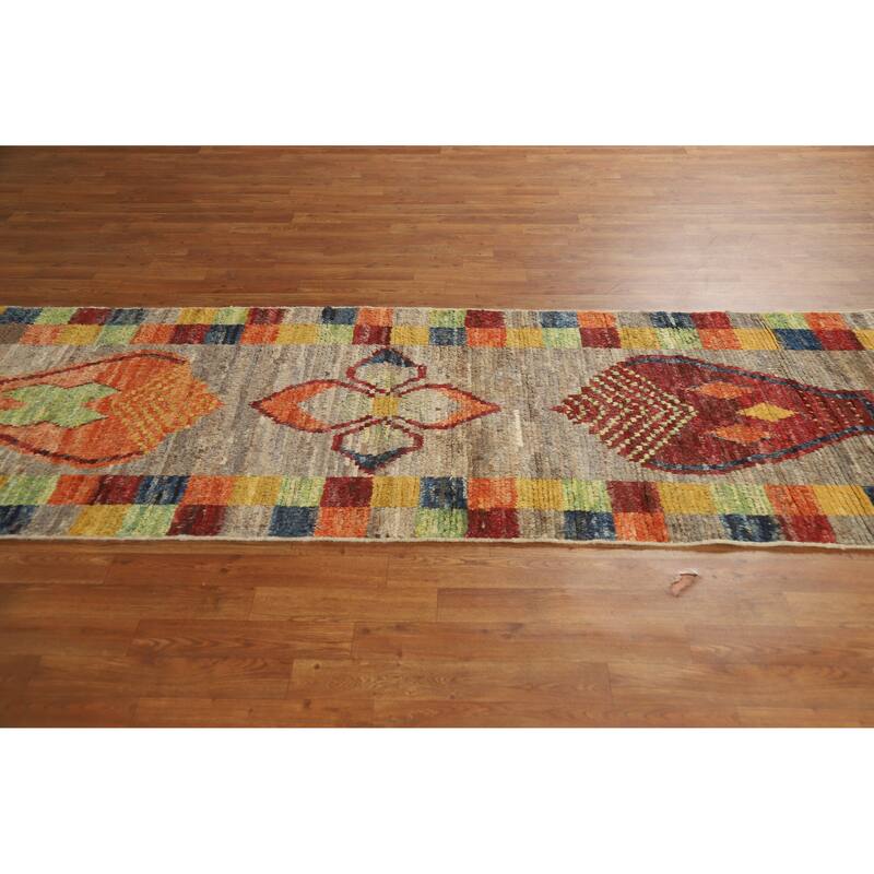Geometric Moroccan Runner Rug Hand-Knotted Wool Carpet - 3'1" x 9'6"