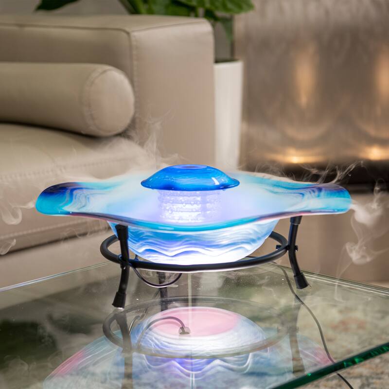 8in Tabletop Mist Fountain with LED Lights and Inline Control – Elegant Blue Glass and Metal Design, Tabletop Mist Fountain