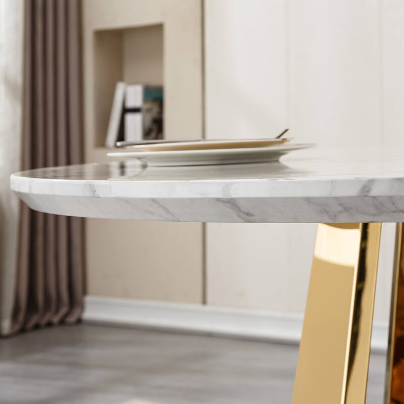 47" Round Dining Table with Faux Marble Tabletop and Stainless Steel Base - Gold+White