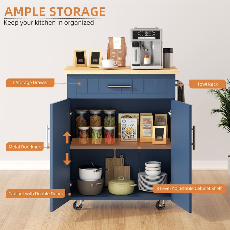 Rolling Kitchen Island with Storage Cabinet & Drawer – Extra Counter Space for Kitchen