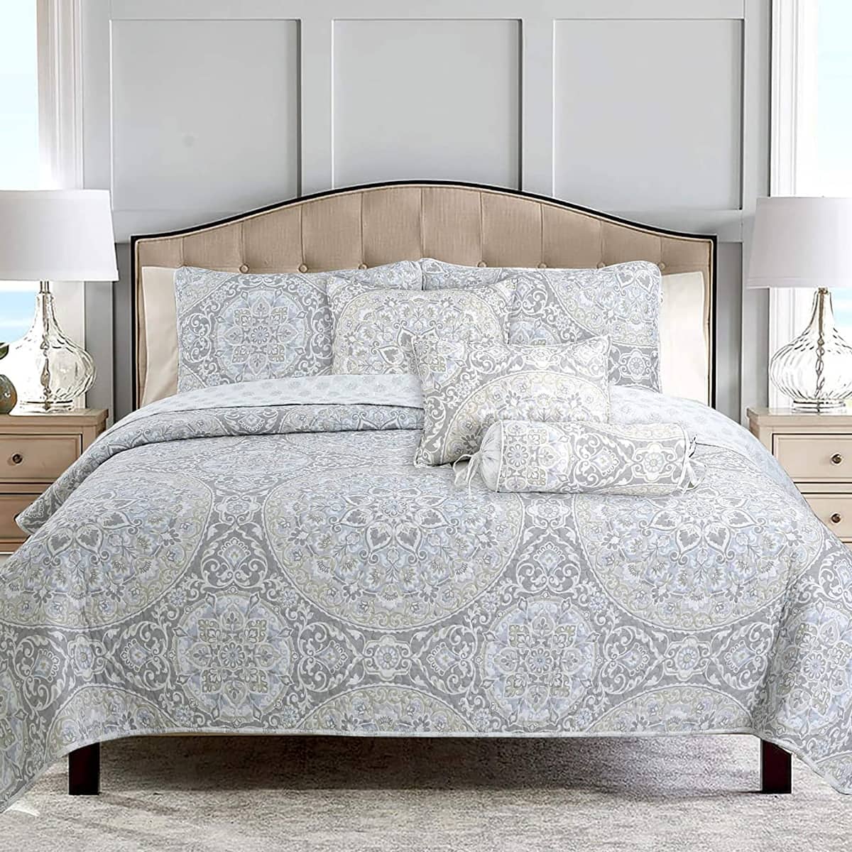 Cozy Line Grey Medallion 3piece Quilt Bedding Set On Sale