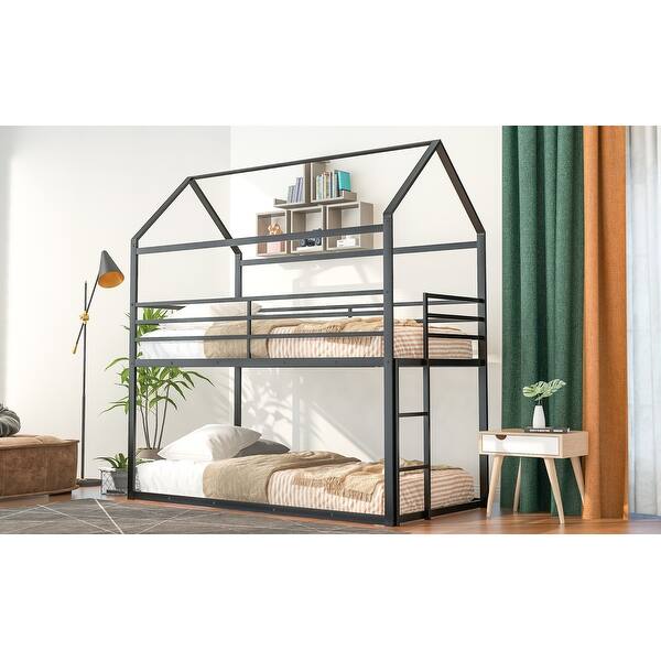 slide 2 of 20, Twin House Bunk Bed with Metal Frame and Built-In Ladder Black