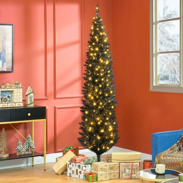 Homcom 7ft Tall Pre Lit Slim Noble Fir Artificial Christmas Tree with Realistic Branches 200 Warm White LED Lights Green Black