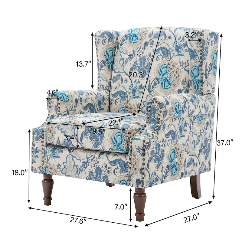 2 Set Transitional Patterned Wingback Accent Chairs with NailHead
