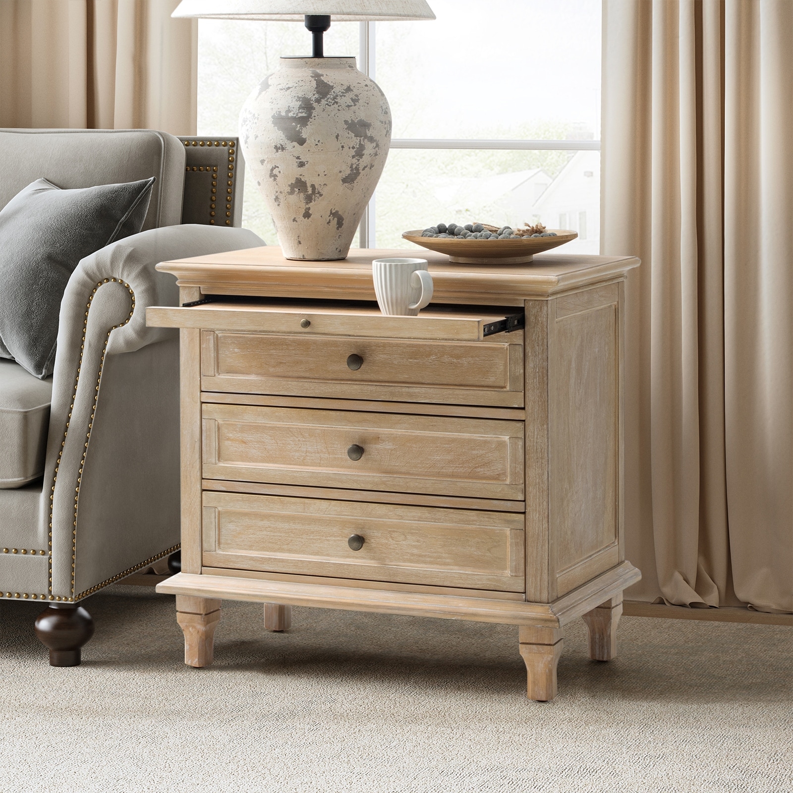 HULALA HOME Muriel Farmhouse 3 Drawers Nightstand with Built-In Outlets