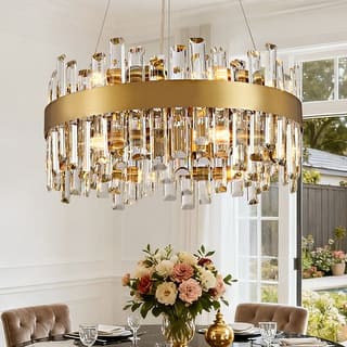 19.7'' Modern Crystal Chandelier Brass Gold Round 12-Light 2-Tier Luxury Crystal 19.7'' Raindrop Chandelier for Dining Room