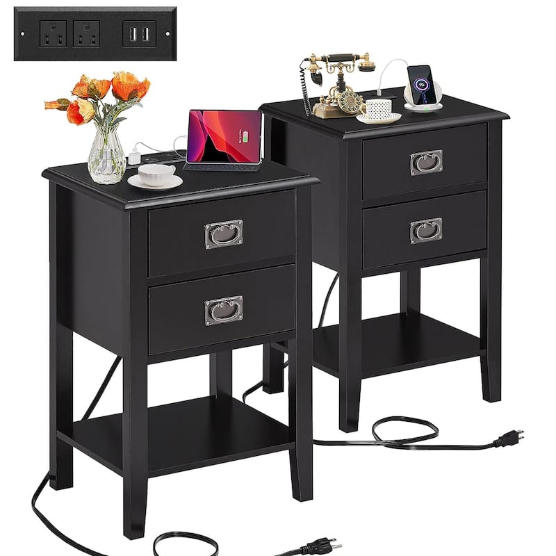 Javlergo Set of 2 Wooden Nightstand with Charging Station, Side End Table with USB Drawer and Open Storage Shelf