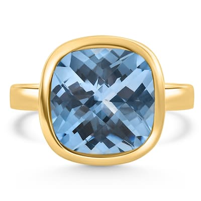 Cushion Blue Topaz Alexa Bezel Ring Yellow Gold